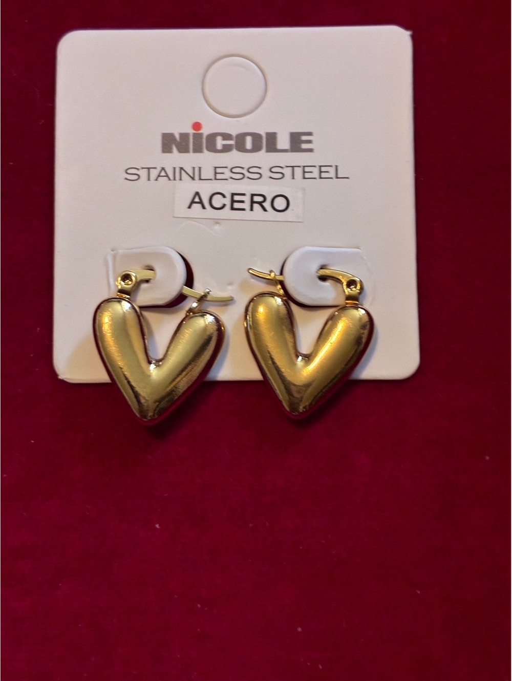 Stainless Steel Puffy Heart Hoops - Gold  tone